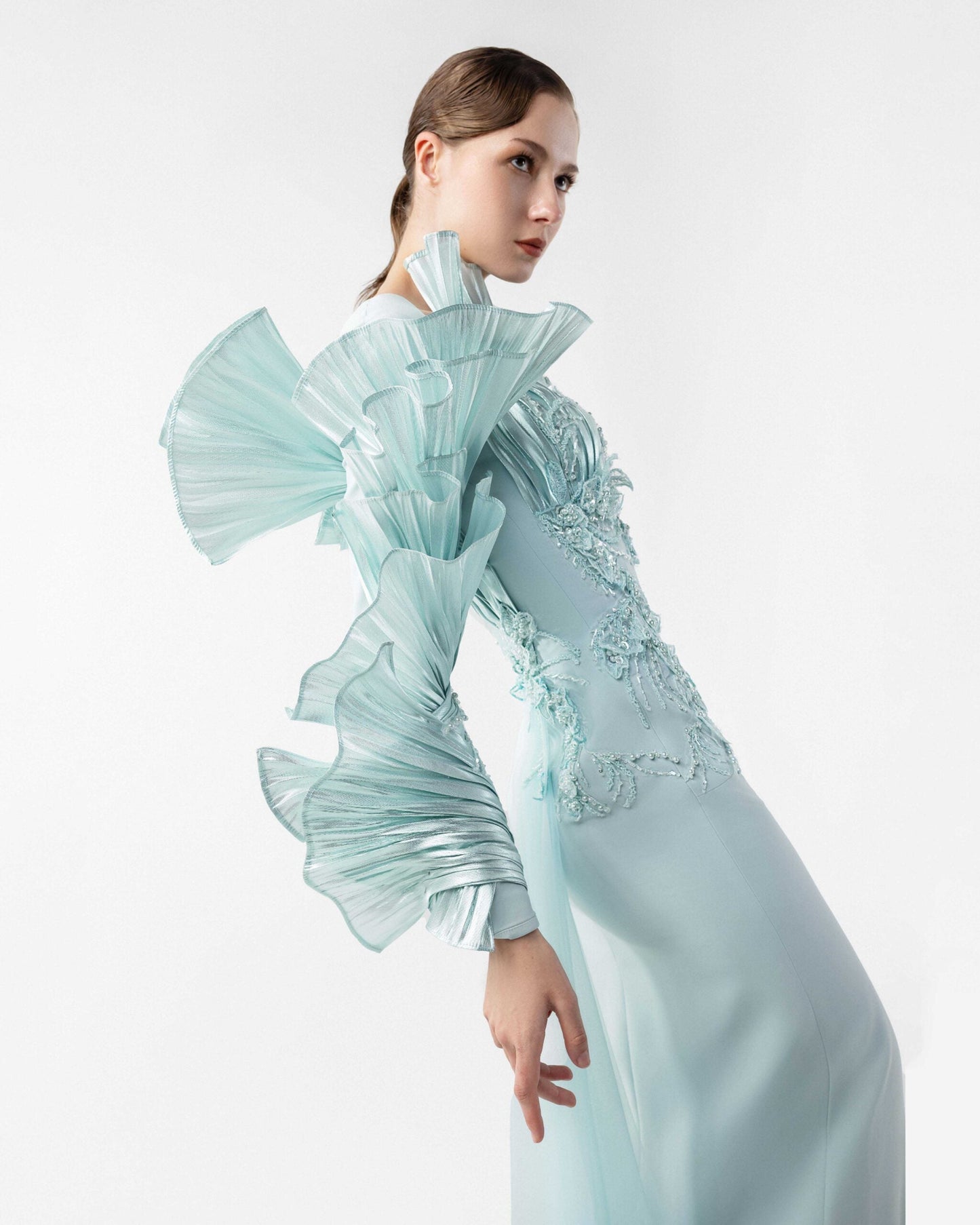 Ethereal Mint Metallic One-Shoulder, Embellished Evening Dress