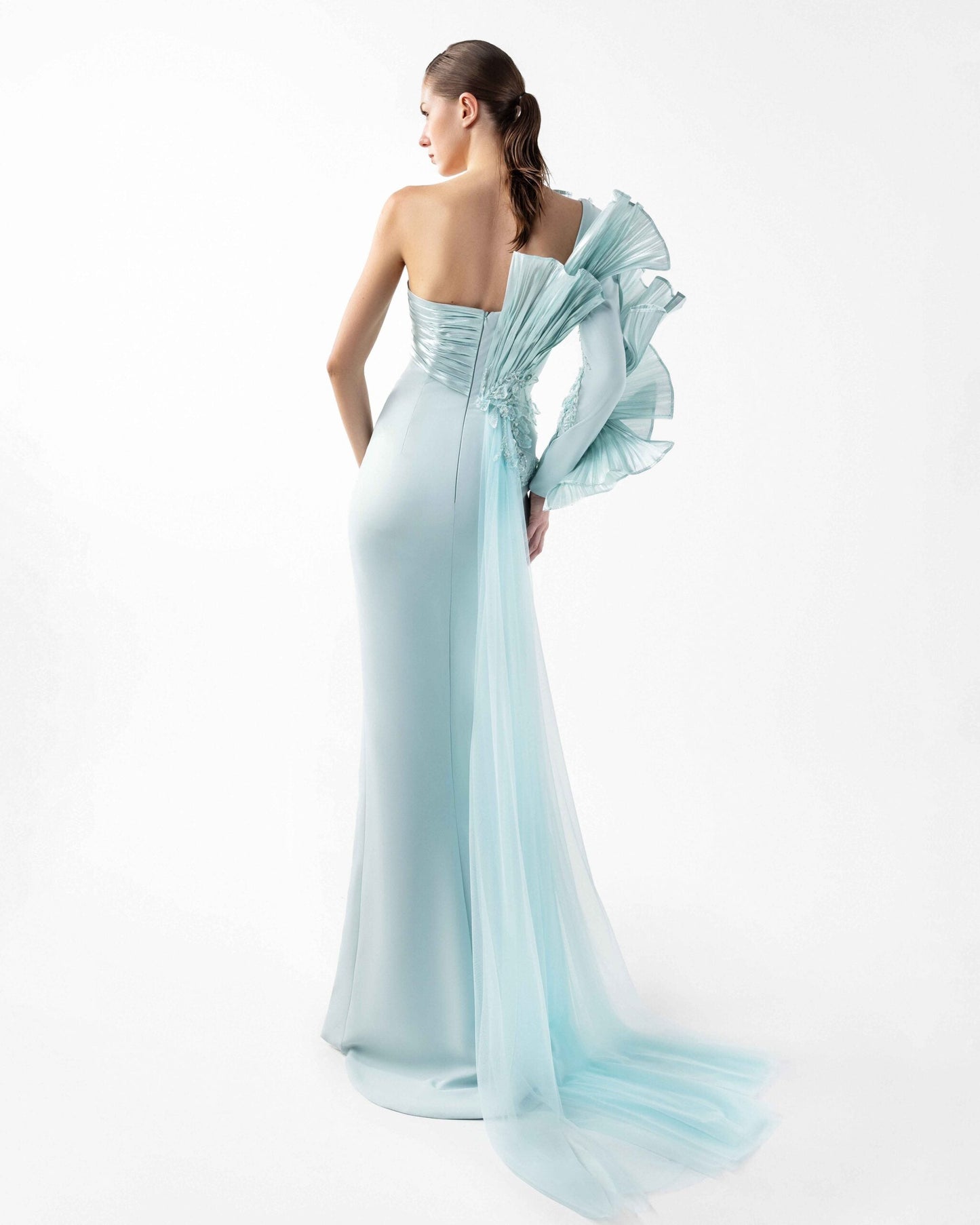 Ethereal Mint Metallic One-Shoulder, Embellished Evening Dress