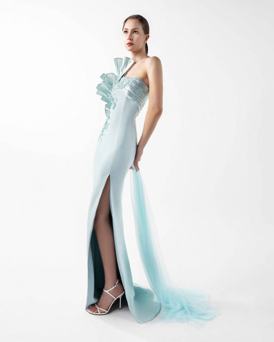 Ethereal Mint Metallic One-Shoulder, Embellished Evening Dress