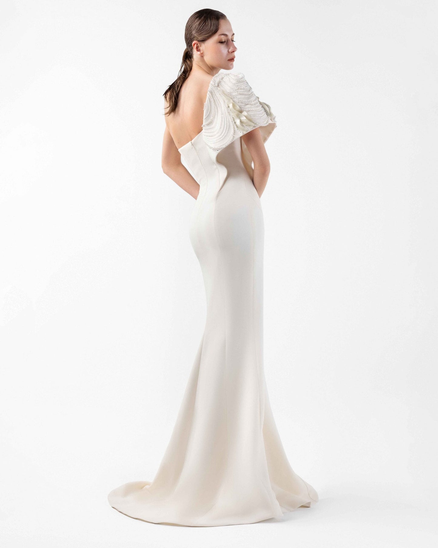 Moonlit Pearl, One-Shoulder Cream Mermaid Gown