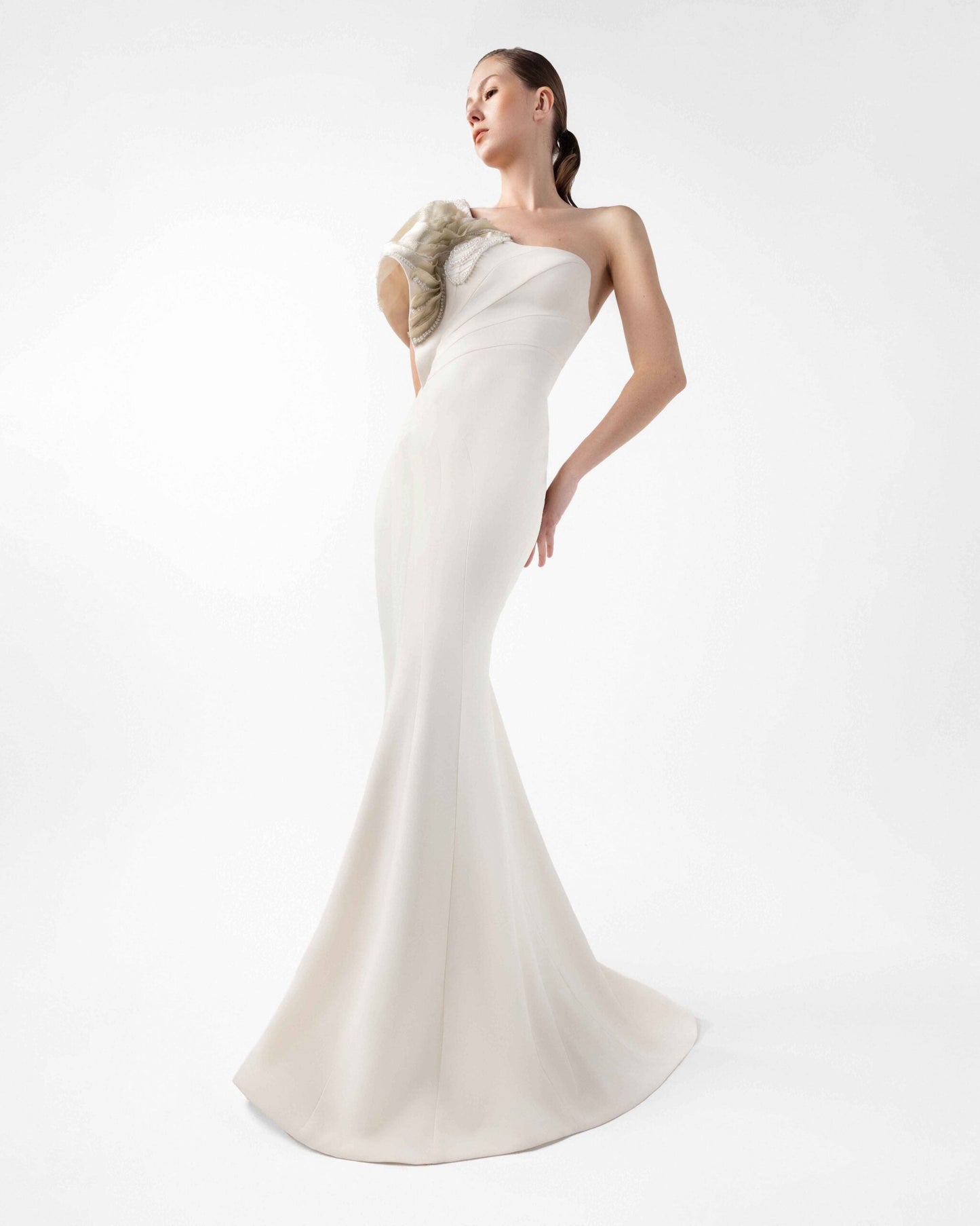 Moonlit Pearl, One-Shoulder Cream Mermaid Gown