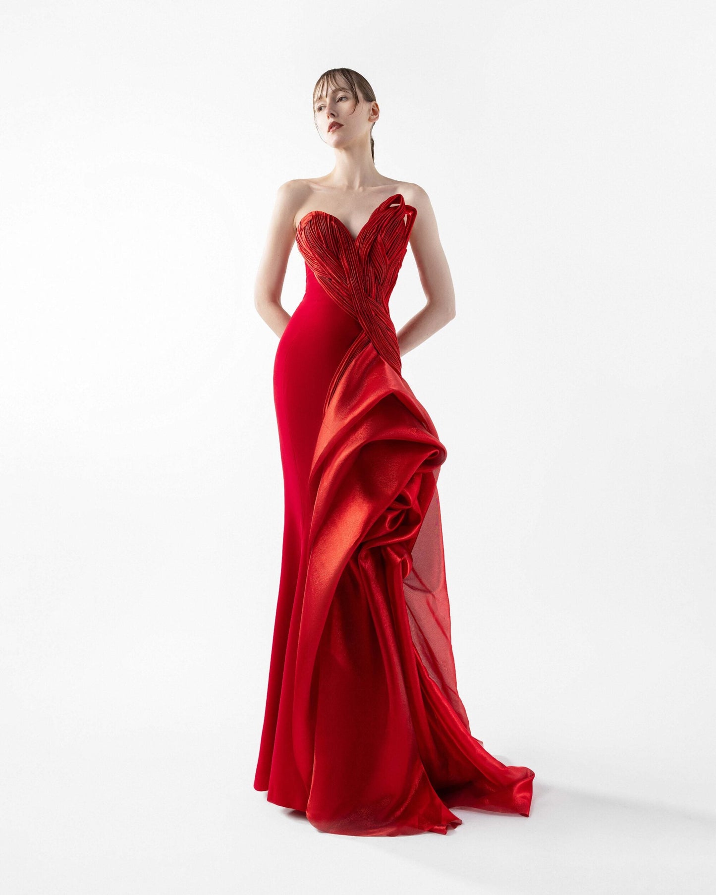 Crimson Whisper Red Crepe and Ethereal Tulle Evening Gown