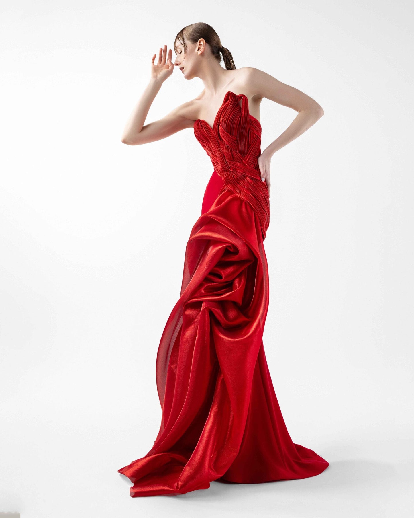 Crimson Whisper Red Crepe and Ethereal Tulle Evening Gown
