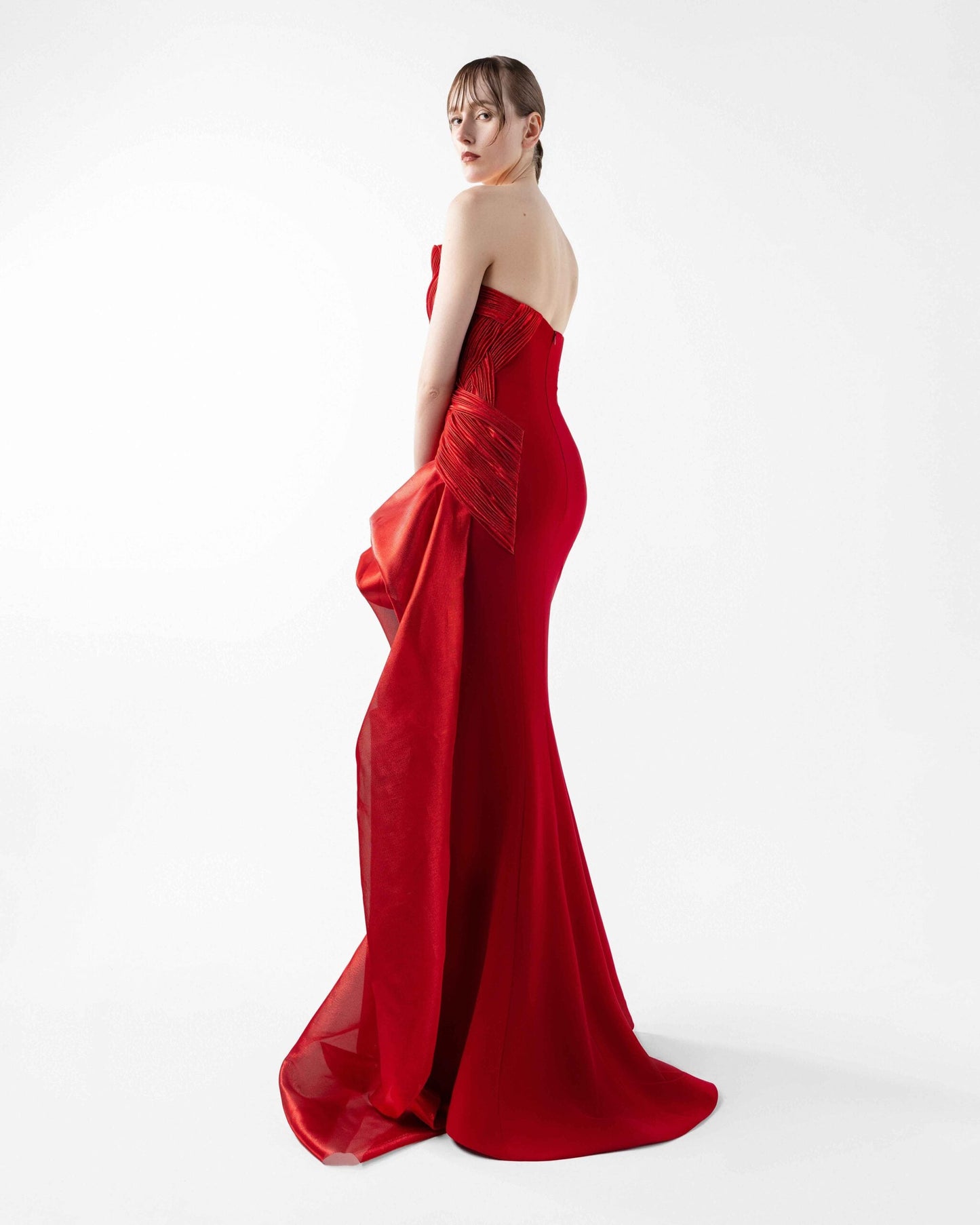 Crimson Whisper Red Crepe and Ethereal Tulle Evening Gown