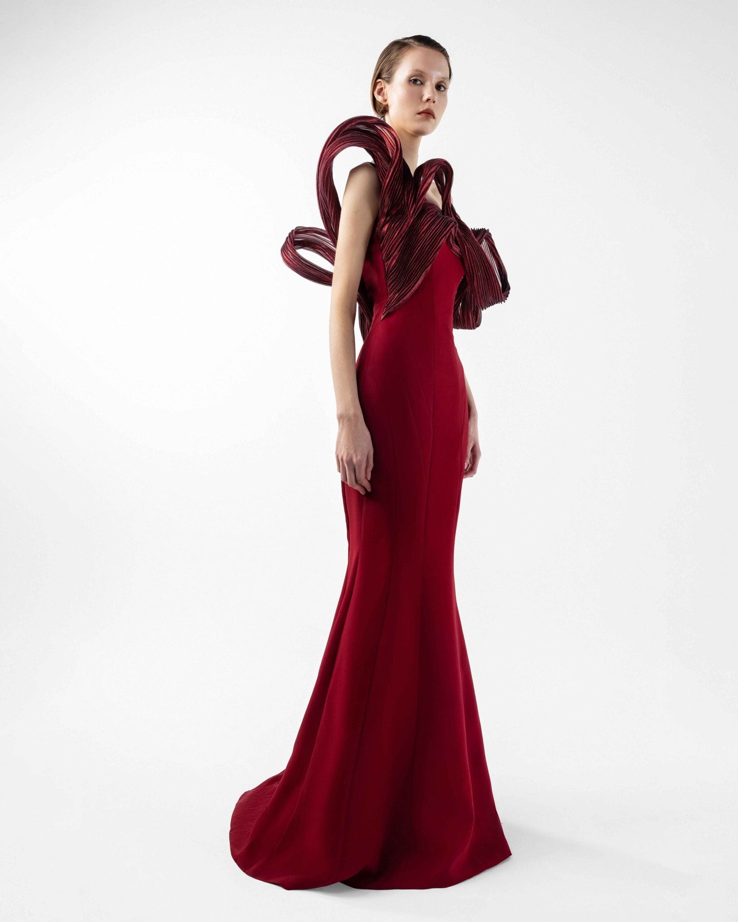 Sculptural Ribbed Lamé Organza Burgundy Mermaid Dress