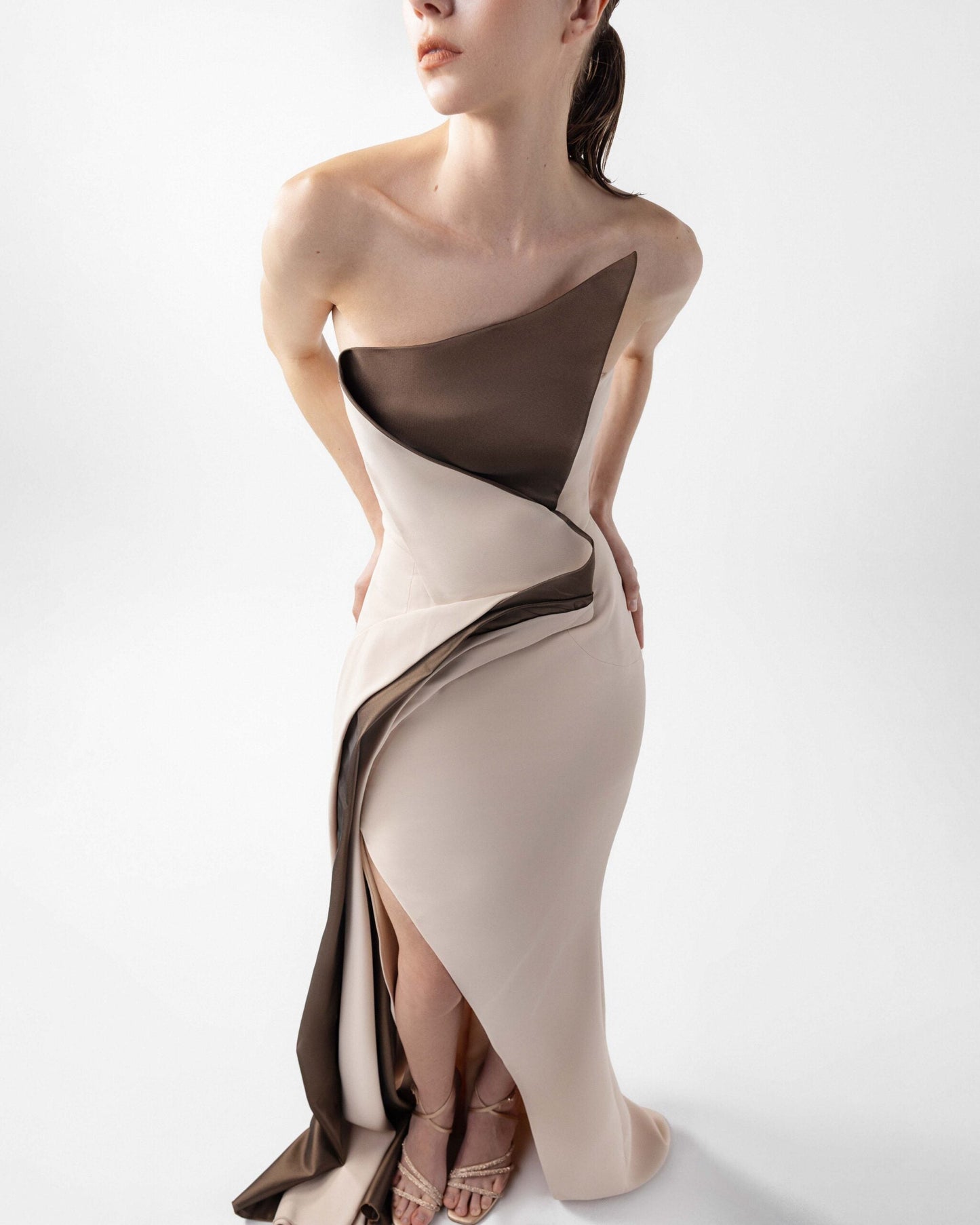 Molten Nude and Bronze Folded Gown