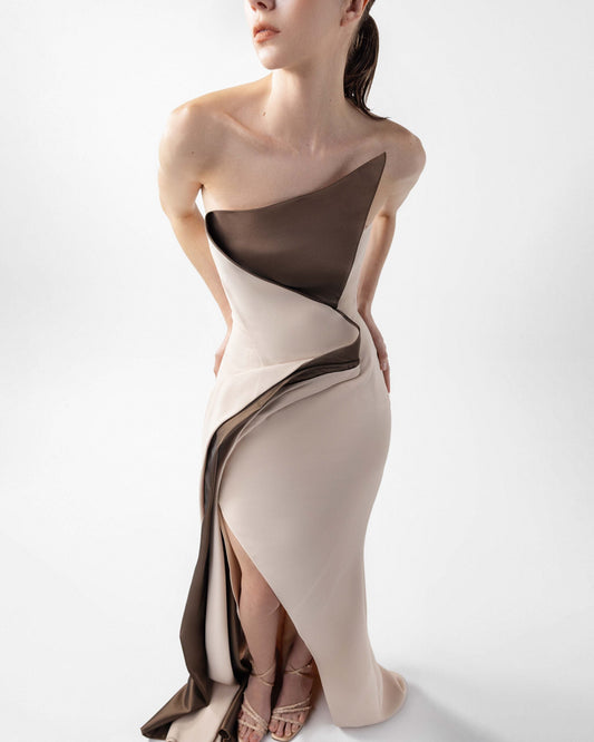 Molten Nude and Bronze Folded Gown