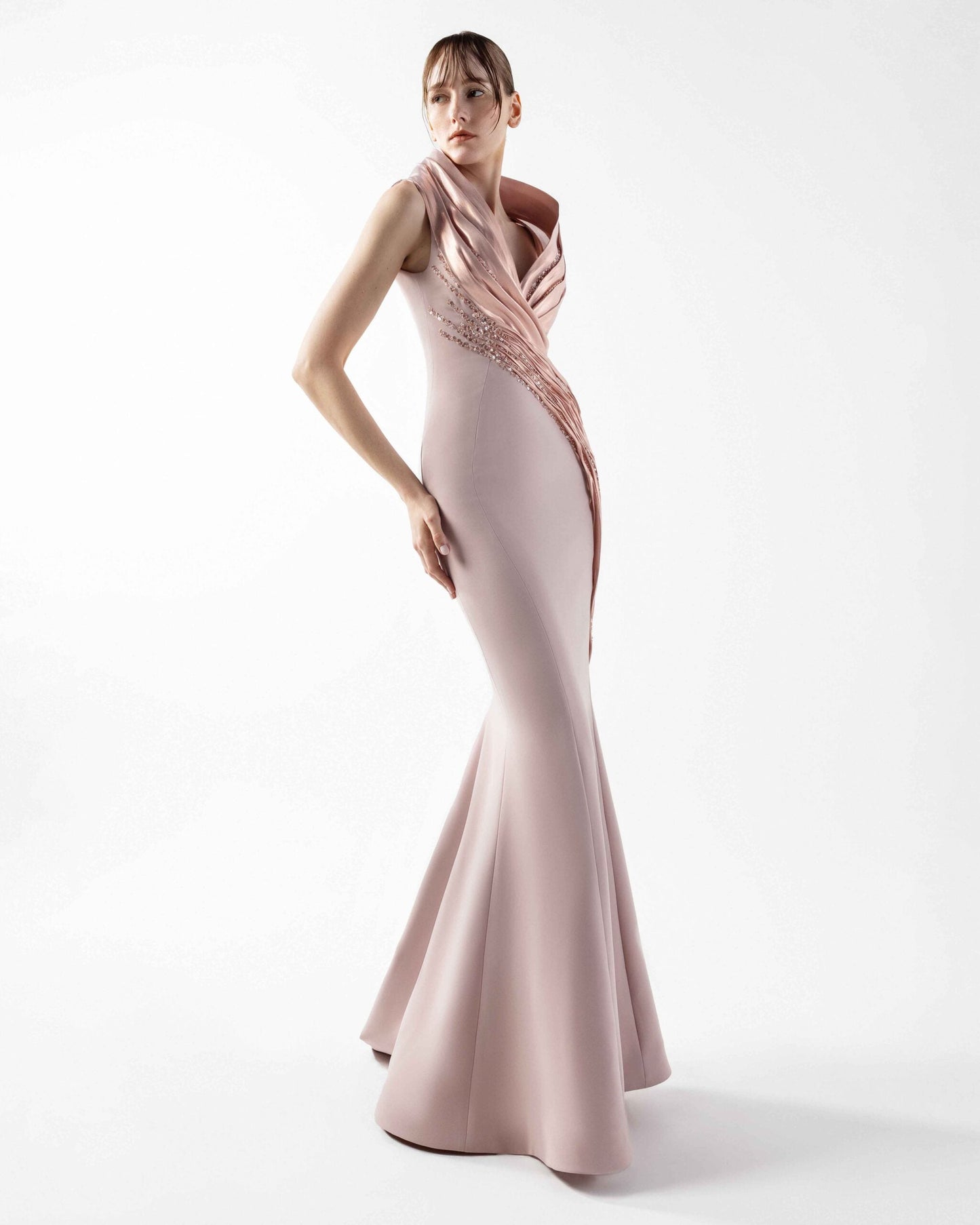 Lace Embellished Halter-Neck Rosé Gown