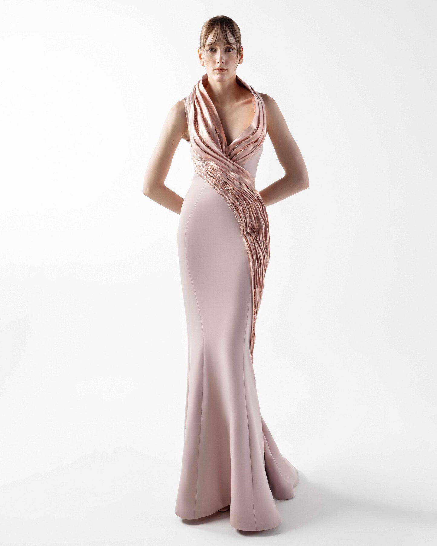 Lace Embellished Halter-Neck Rosé Gown