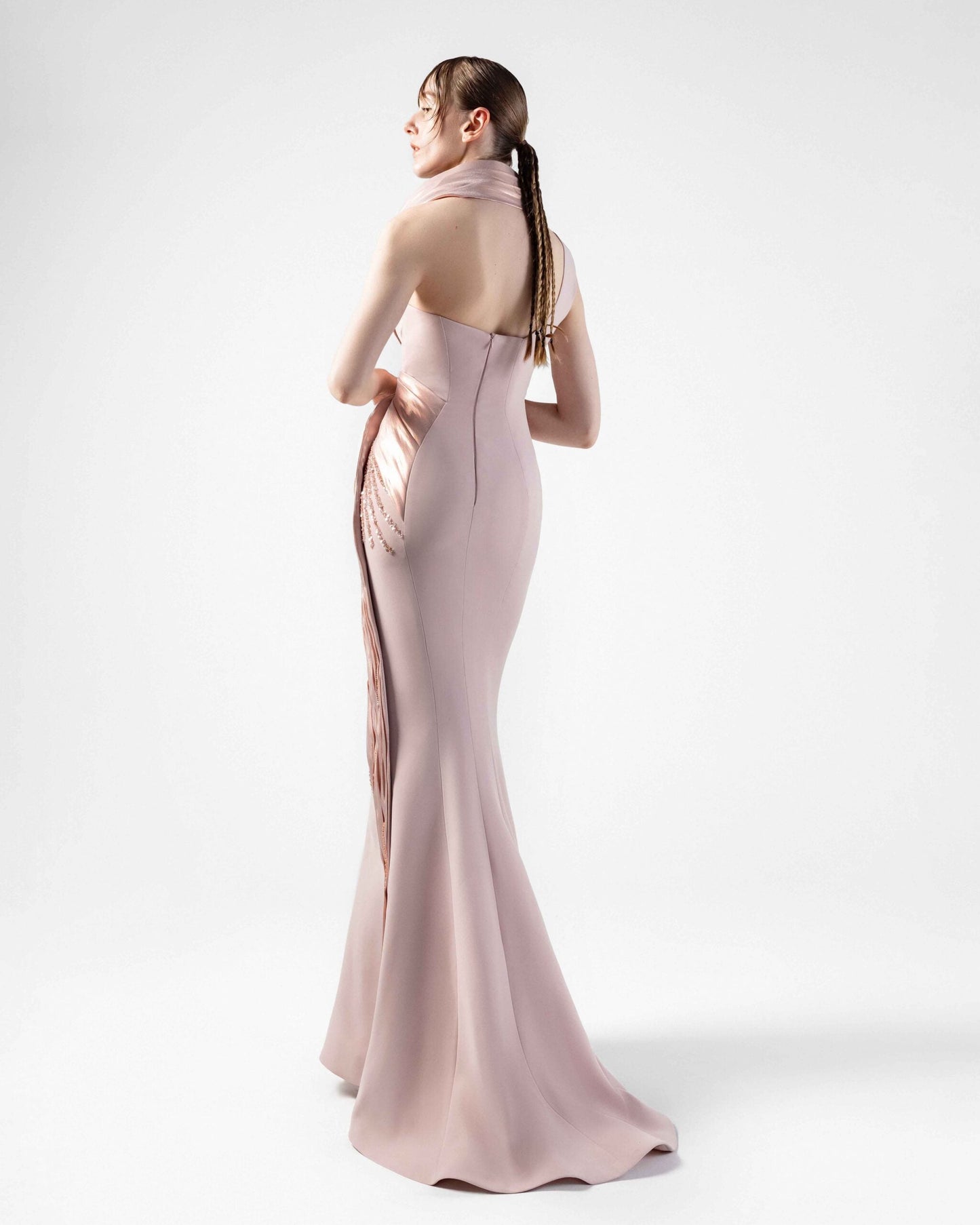 Lace Embellished Halter-Neck Rosé Gown