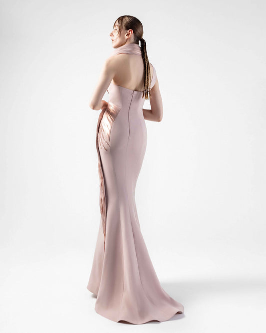 Lace Embellished Halter-Neck Rosé Gown