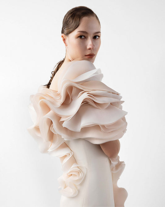Romantic Cream Gown with Blooming Peach Ruffles