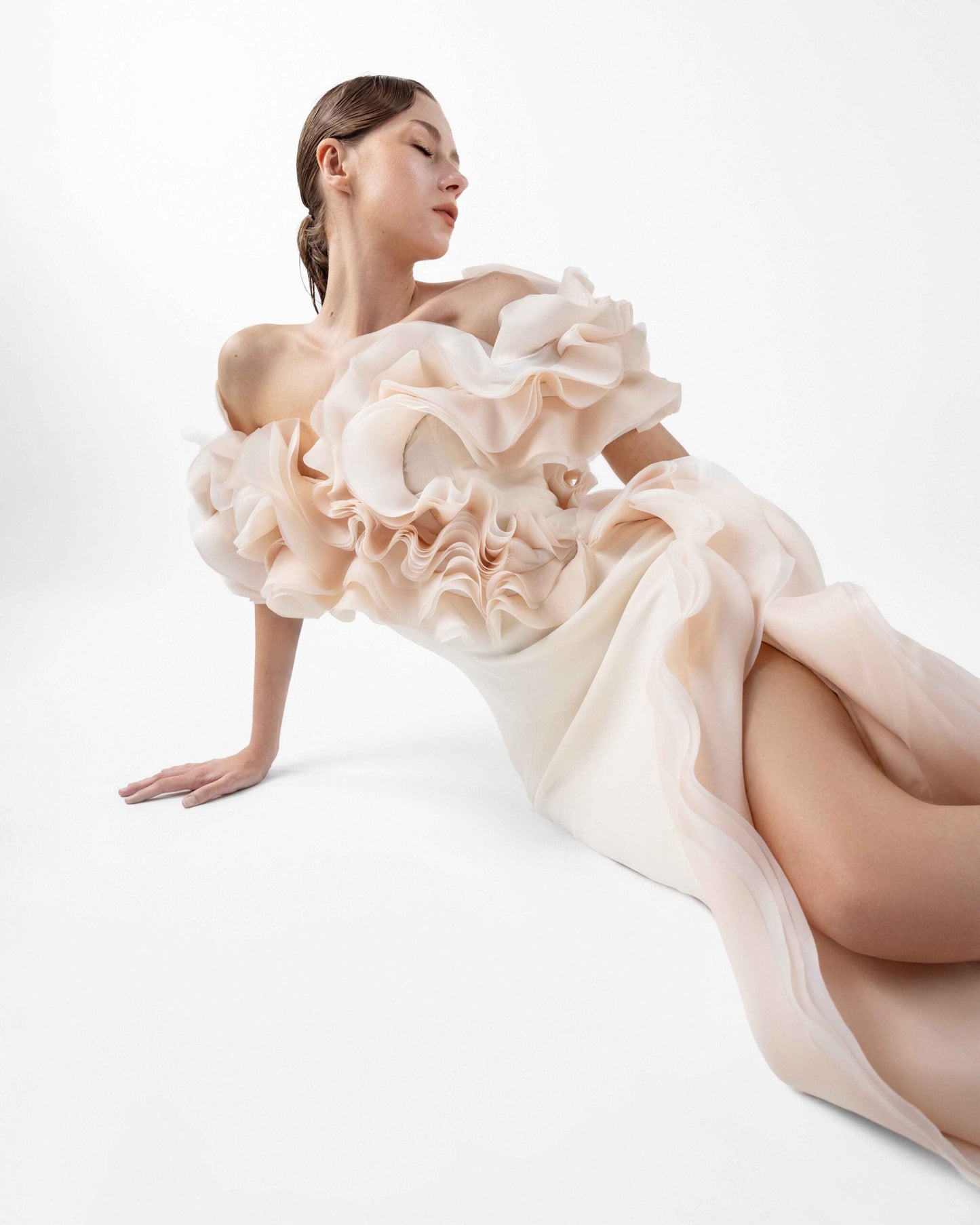 Romantic Cream Gown with Blooming Peach Ruffles