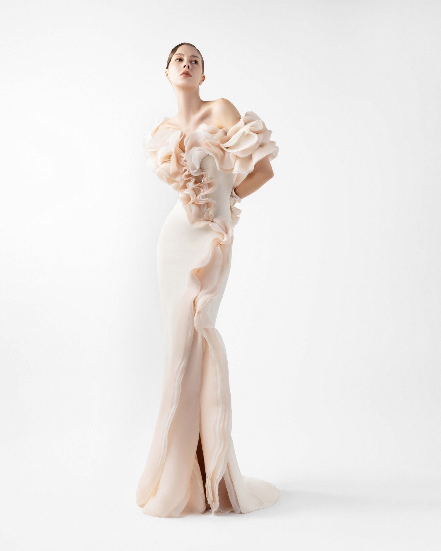 Romantic Cream Gown with Blooming Peach Ruffles