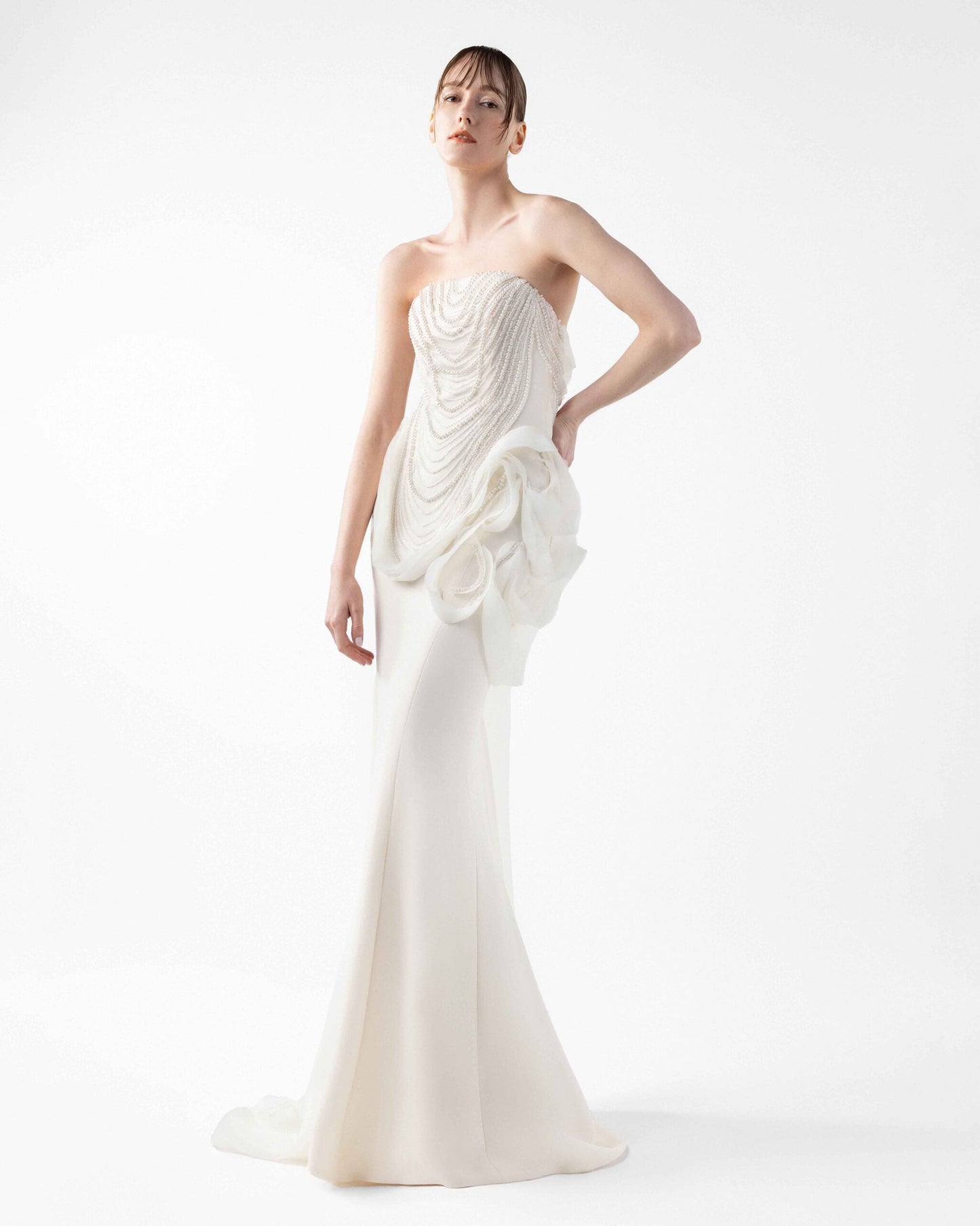 Iridescent Pearl Mermaid Gown with Petal Accents