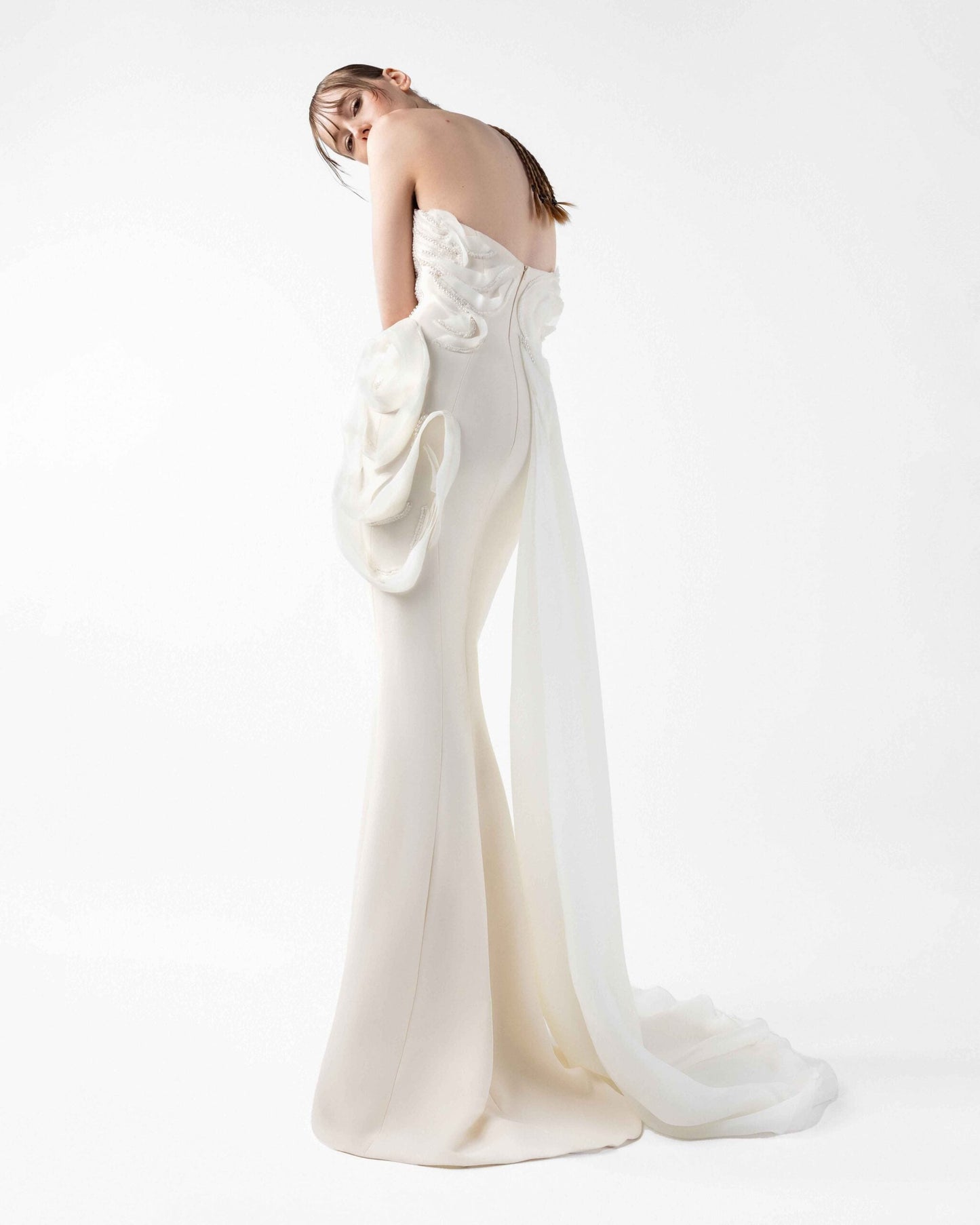 Iridescent Pearl Mermaid Gown with Petal Accents
