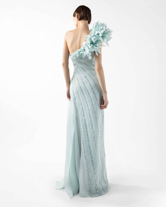 Floating Petal One-Shoulder Laced Mint Gown