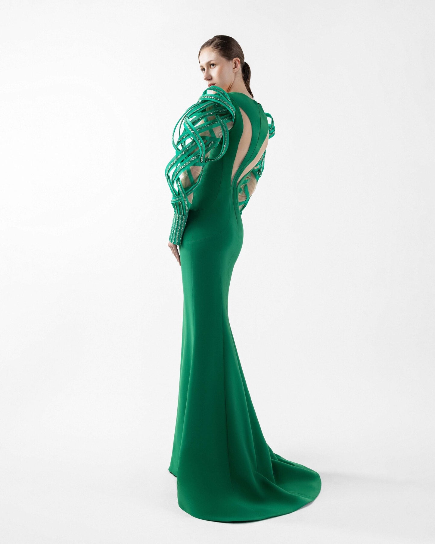 Emerald Dreamweaver Gown With Illusion Sleeves