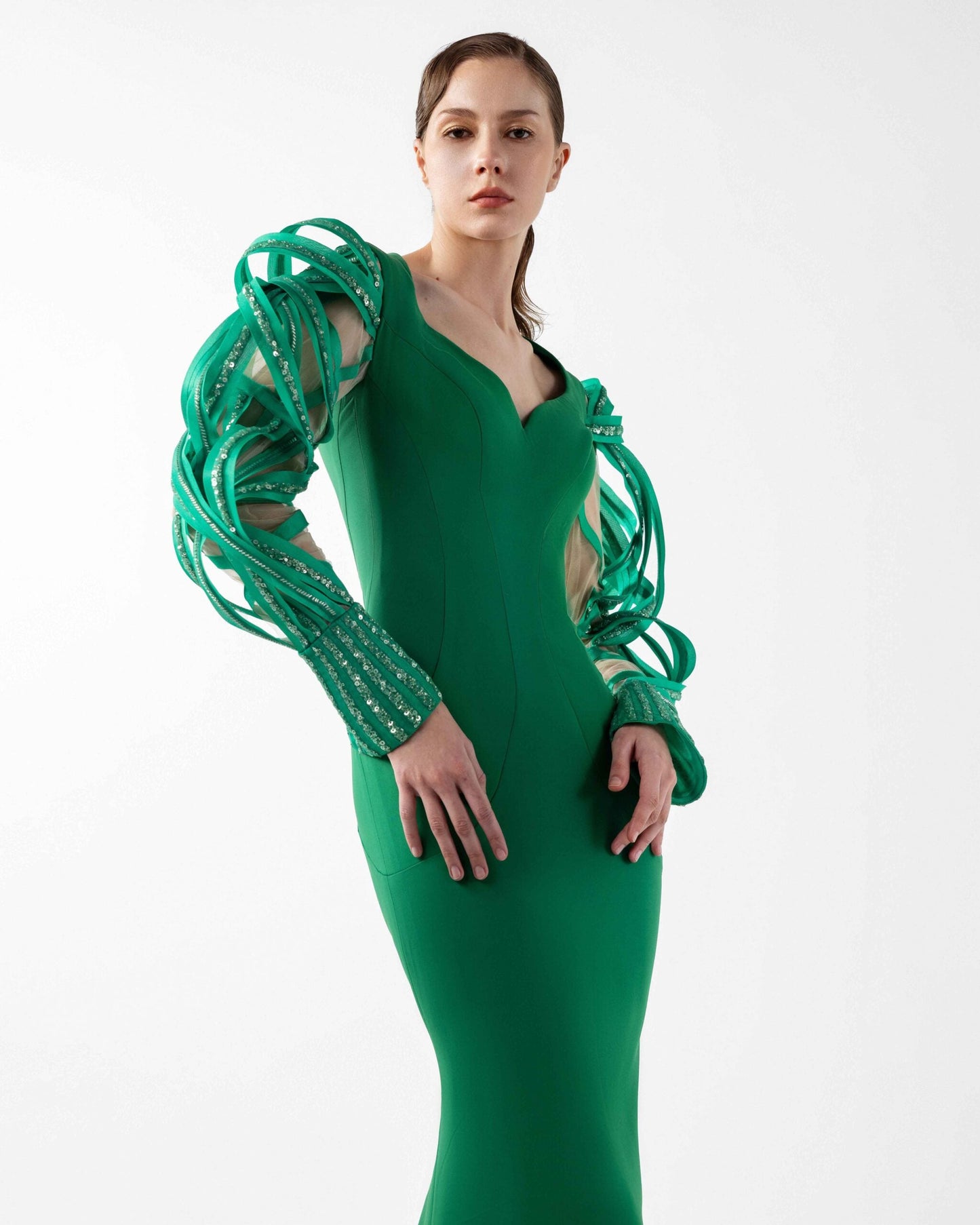 Emerald Dreamweaver Gown With Illusion Sleeves
