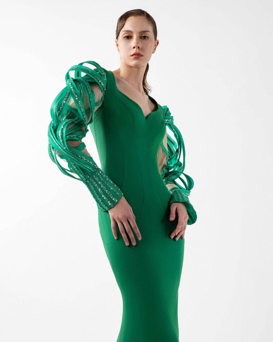 Emerald Dreamweaver Gown With Illusion Sleeves