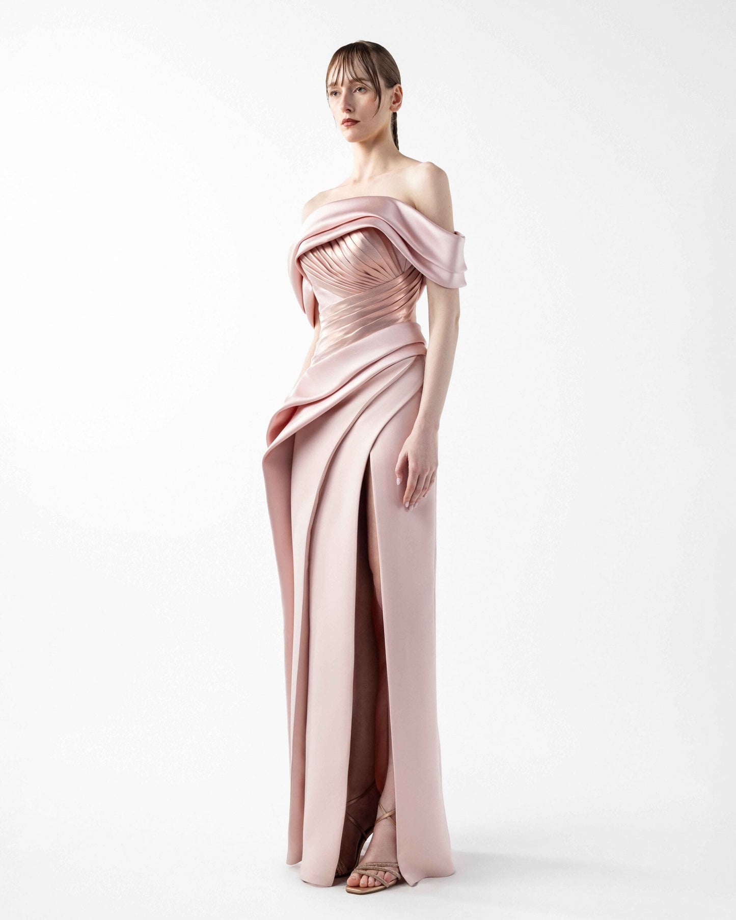 Sophisticated Mixed Media Off Shoulder Pink Dress