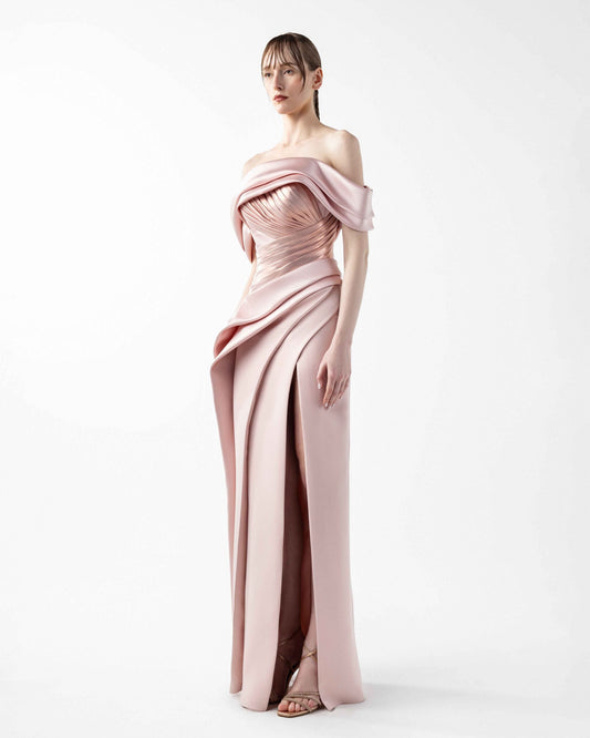 Sophisticated Mixed Media Off Shoulder Pink Dress