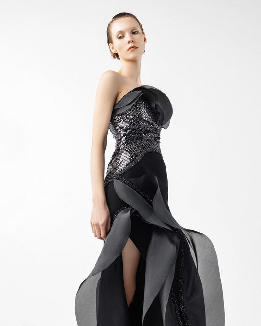Sculpted Black Mirage Dress with Floating Layers
