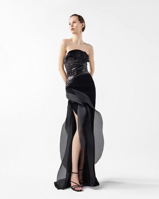 Sculpted Black Mirage Dress with Floating Layers