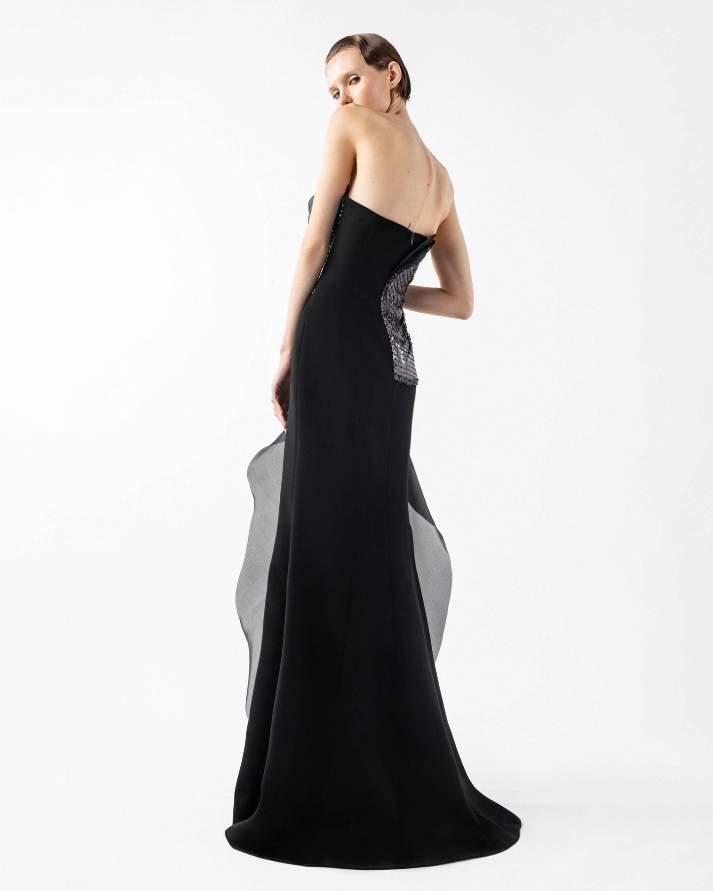 Sculpted Black Mirage Dress with Floating Layers