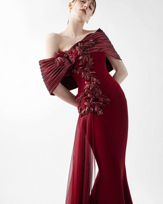 Grand Bordeaux Mermaid Gown with Embroidered Organza