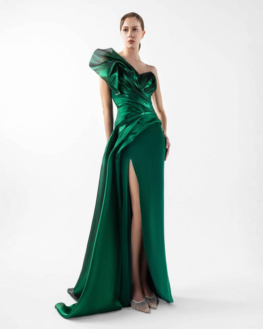 Pleated Metallic One-Shoulder Emerald Green Organza Beaded Gown