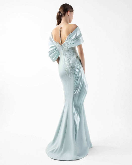 Mint Reverie Mermaid Gown with Off-Shoulder Draping