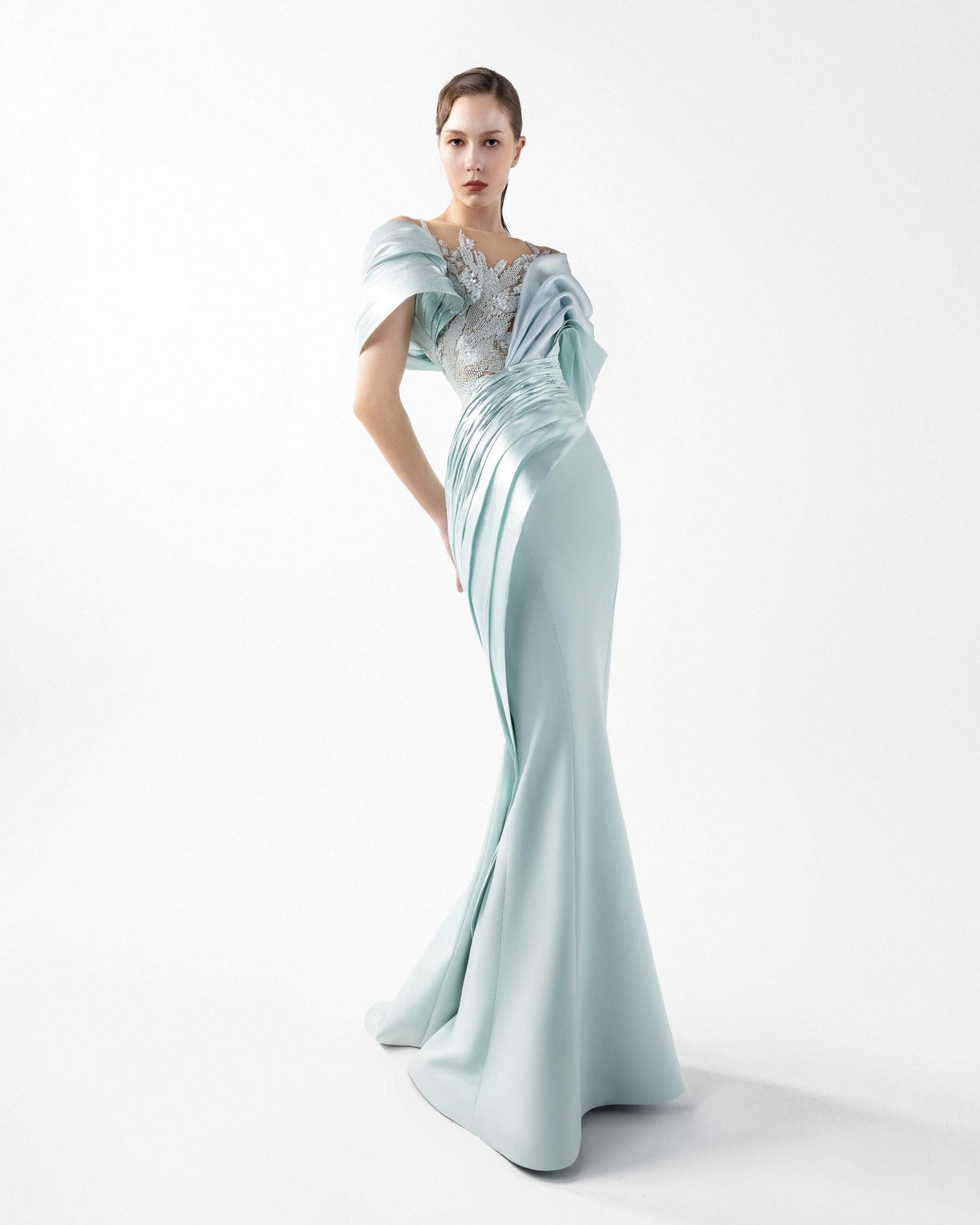 Mint Reverie Mermaid Gown with Off-Shoulder Draping