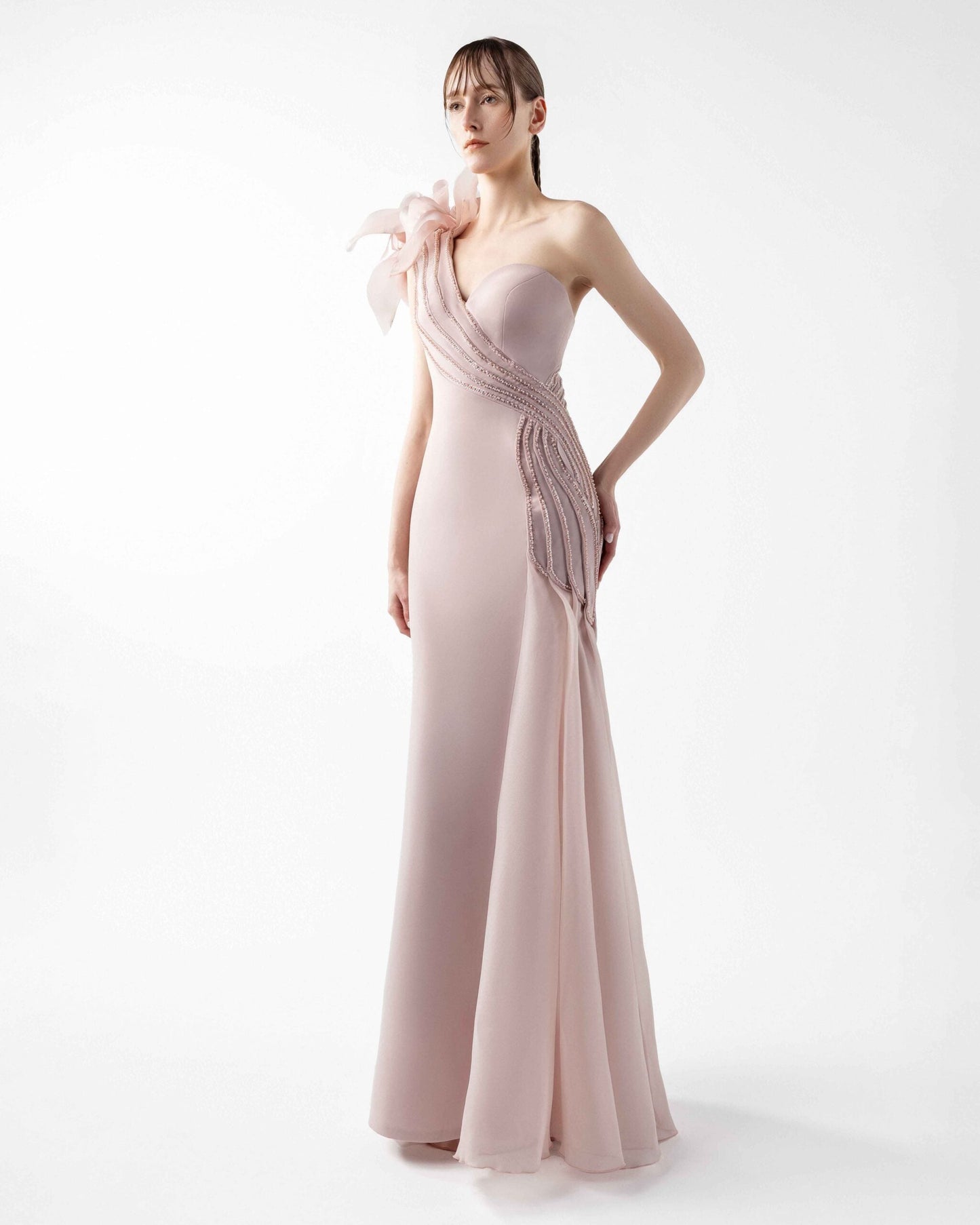 Rosé Petal Cascading Beaded Floral Gown