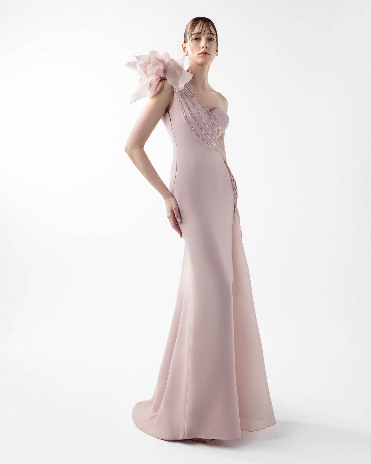 Rosé Petal Cascading Beaded Floral Gown