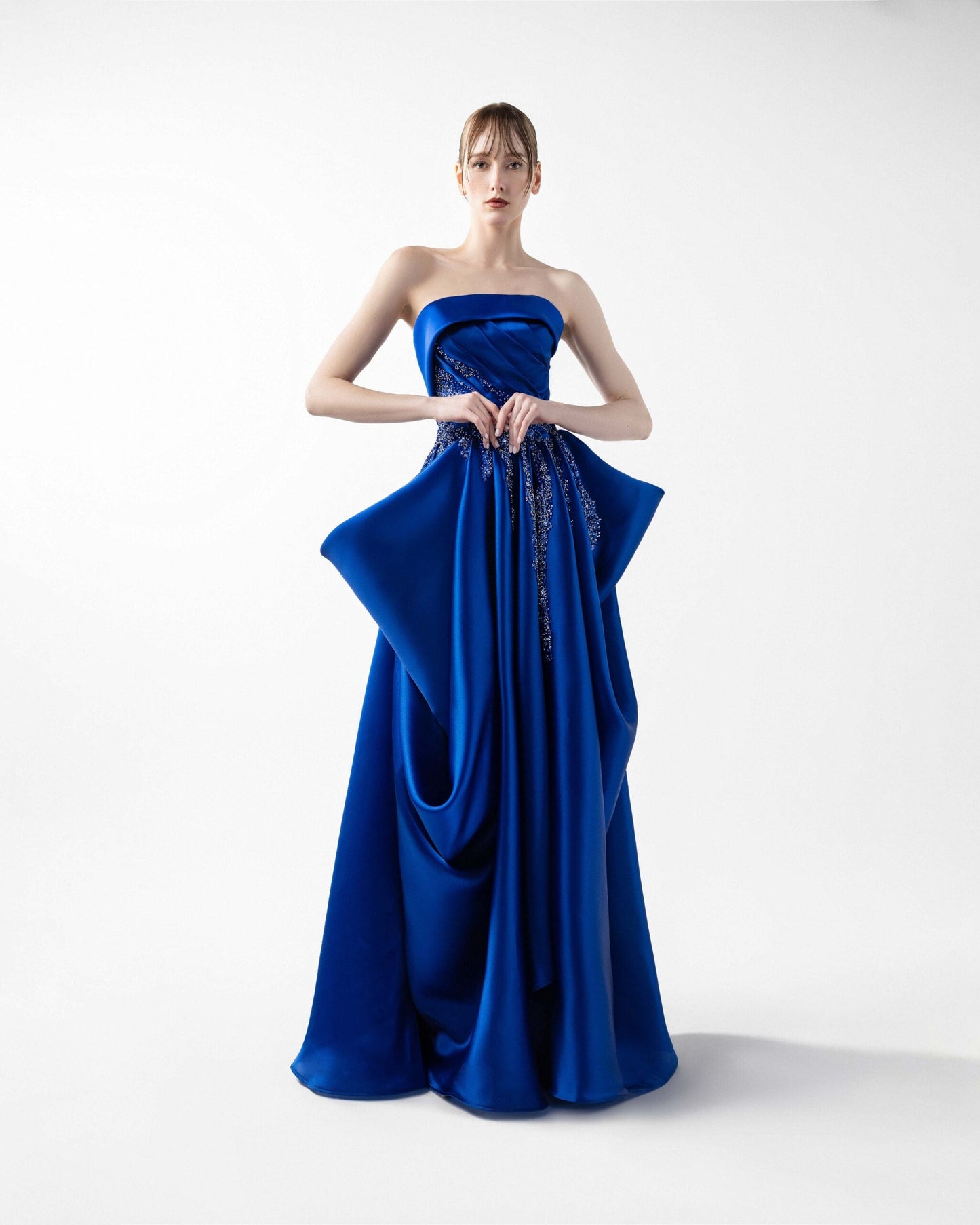 Voluminous Beaded Royal Blue Organza Evening Dress