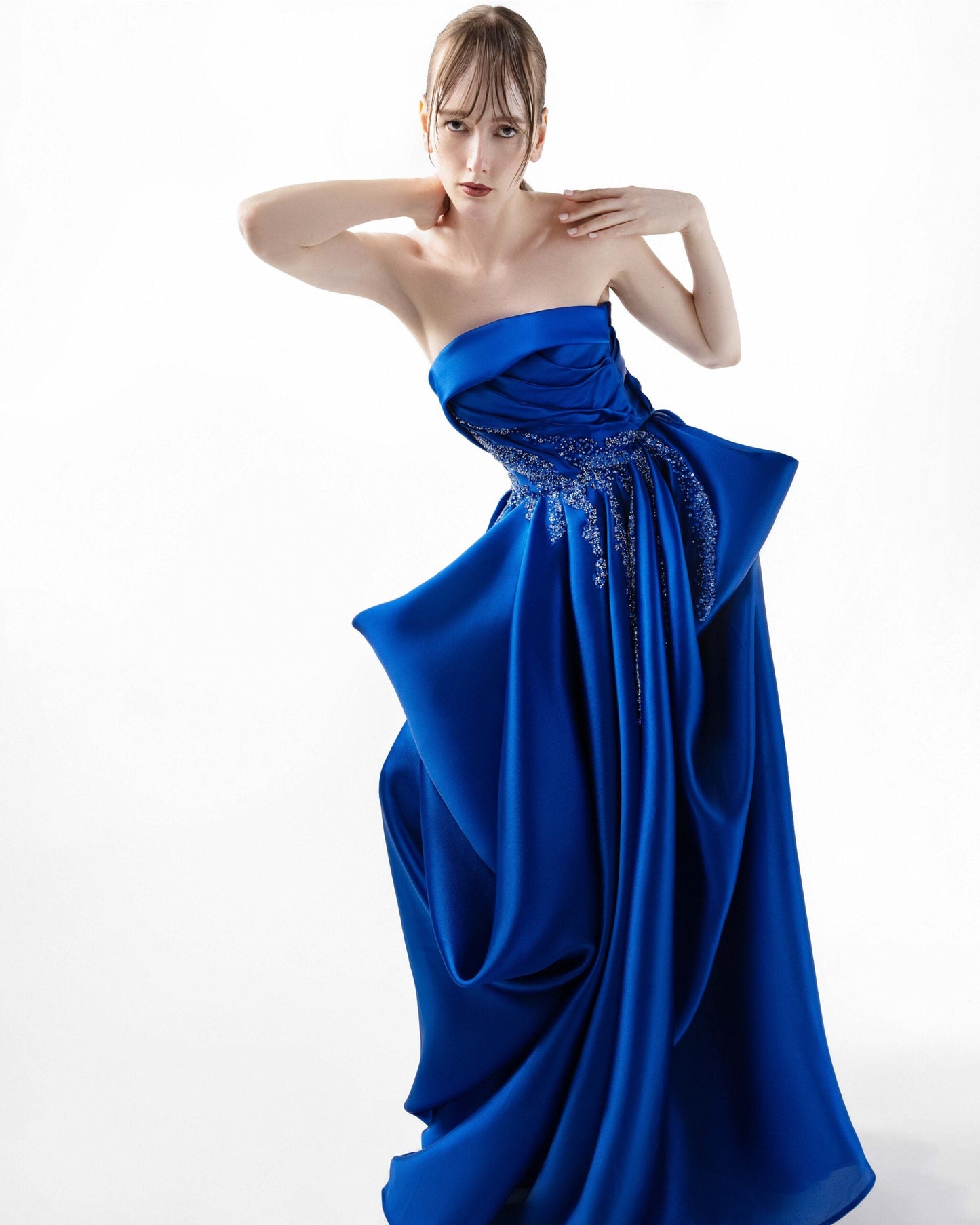 Voluminous Beaded Royal Blue Organza Evening Dress