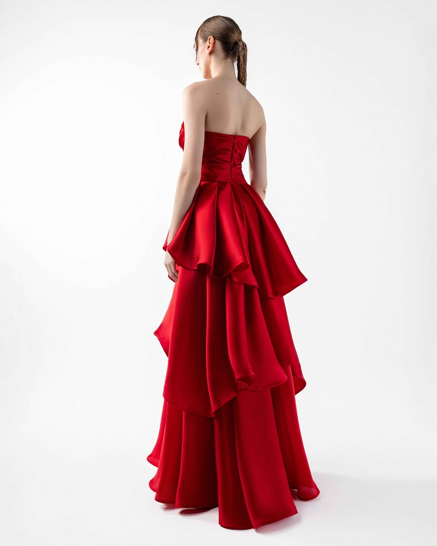 Striking Red Organza Strapless Gown with Cascading Tiered Skirt