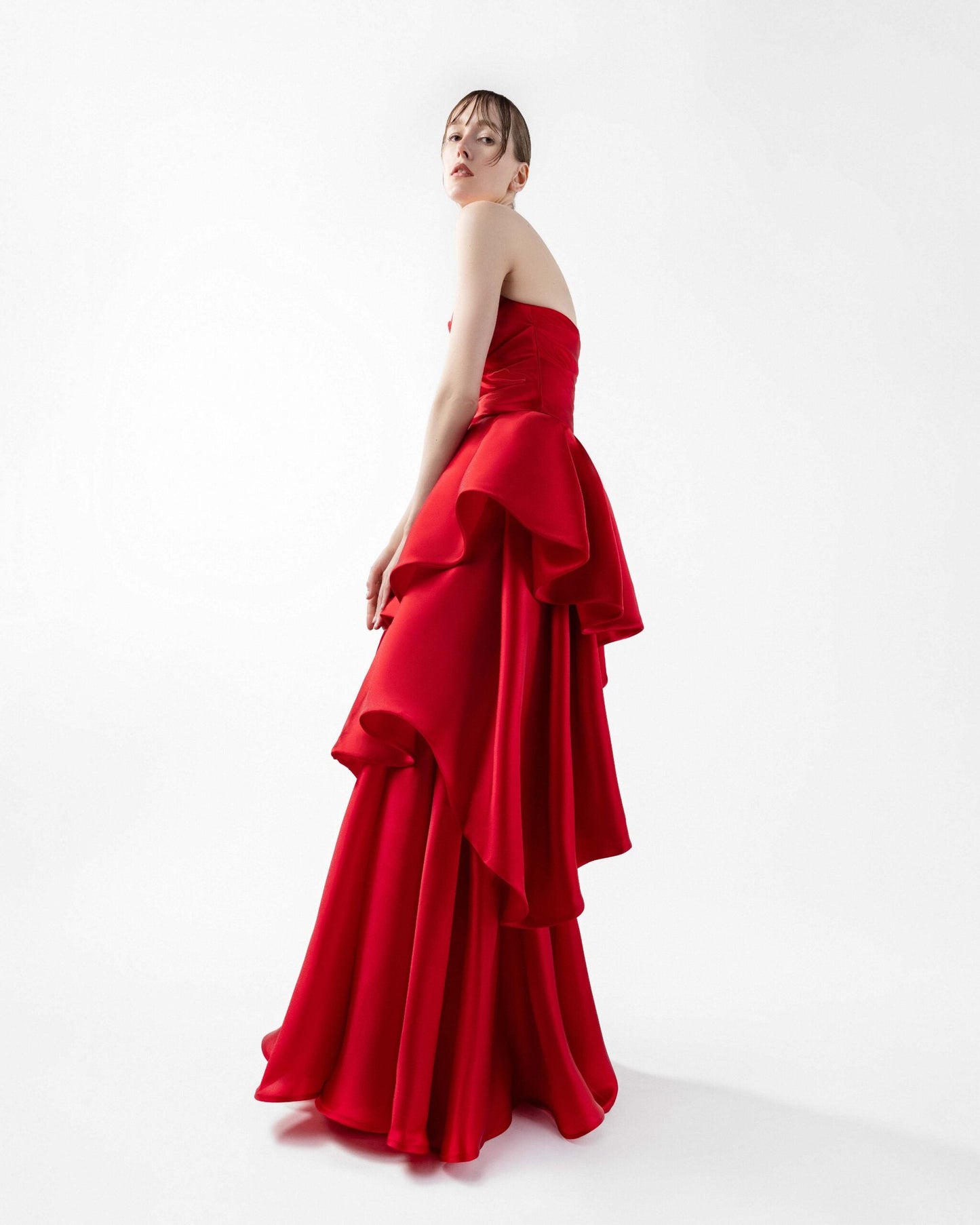 Striking Red Organza Strapless Gown with Cascading Tiered Skirt