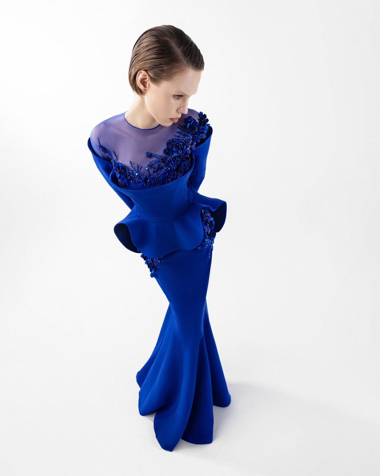 Enchanted Peplum Royal Blue Mermaid Gown with Embroidery