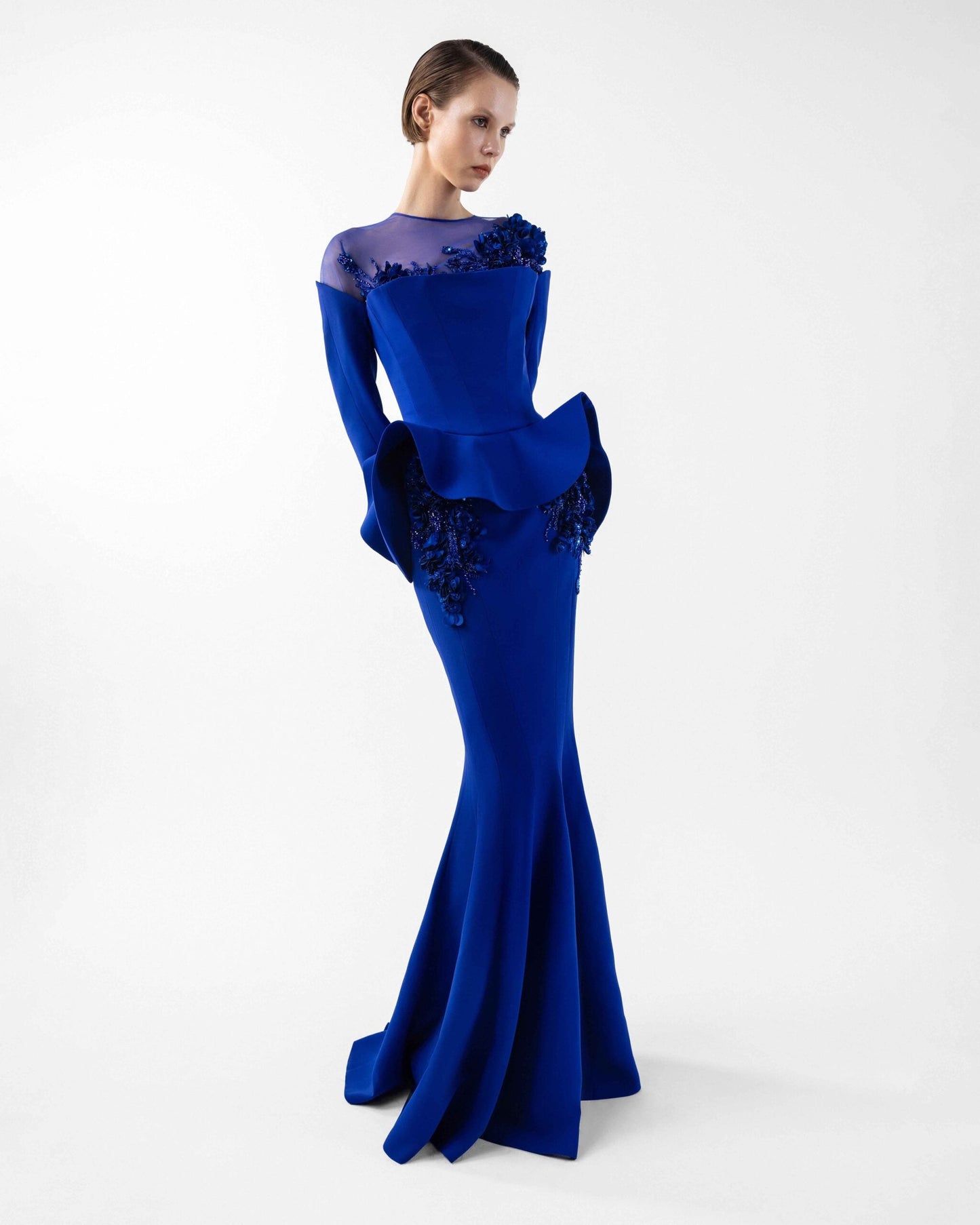 Enchanted Peplum Royal Blue Mermaid Gown with Embroidery