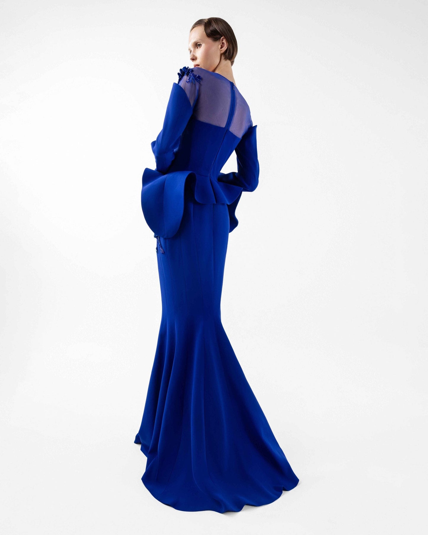 Enchanted Peplum Royal Blue Mermaid Gown with Embroidery