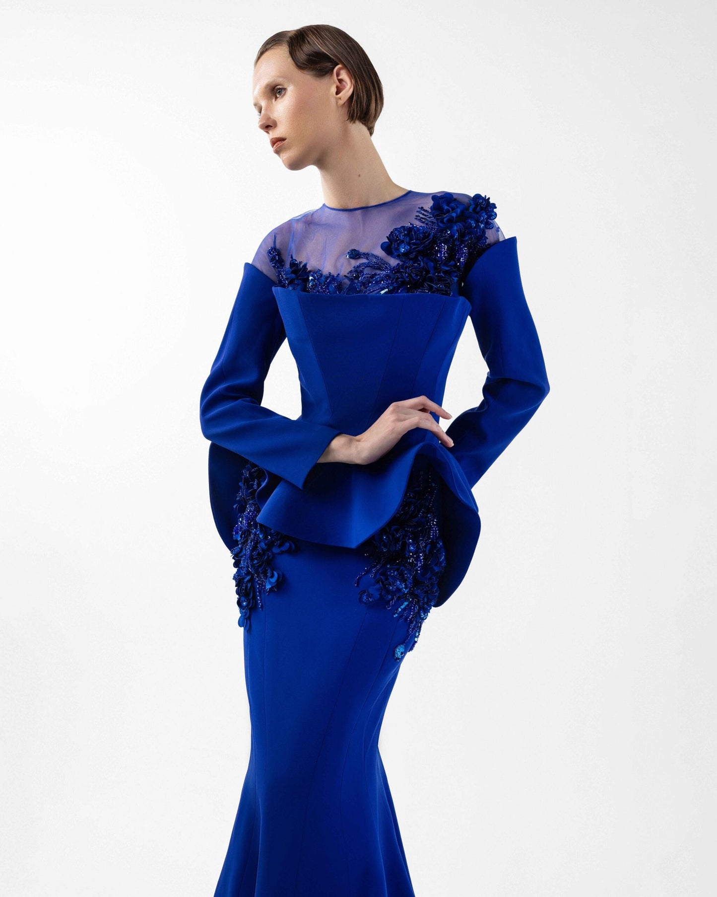 Enchanted Peplum Royal Blue Mermaid Gown with Embroidery