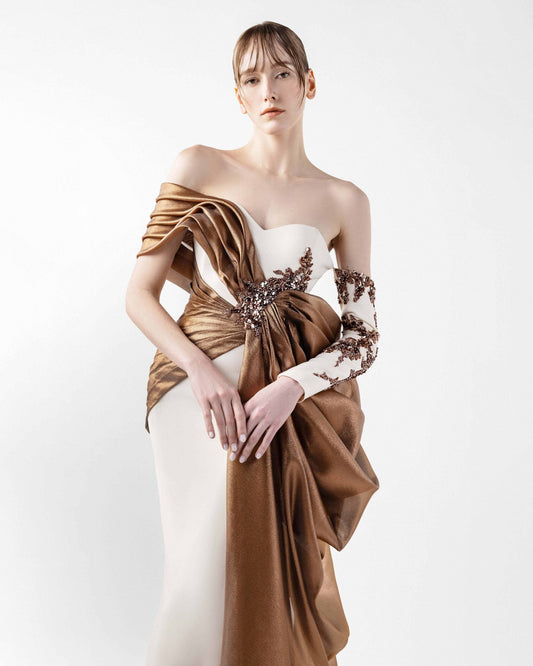 Cream Crepe Gown with Lame Organza Draping & Embroidered Accents