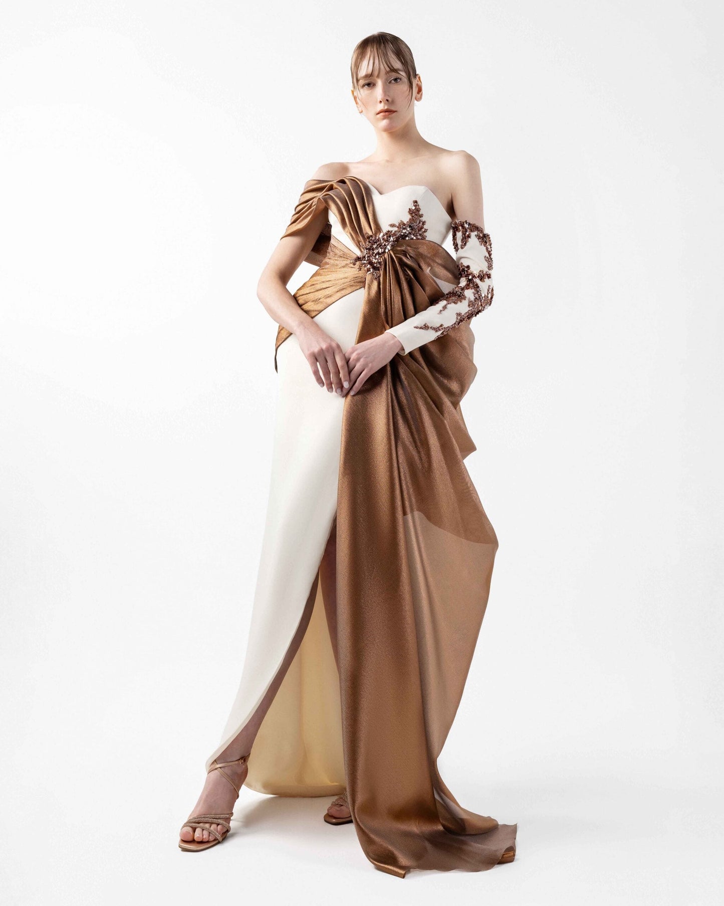 Cream Crepe Gown with Lame Organza Draping & Embroidered Accents