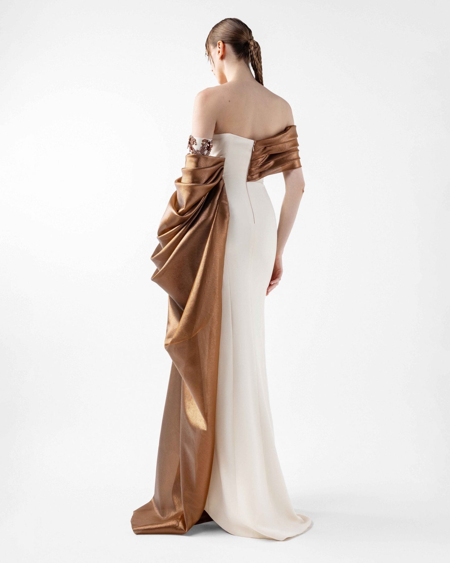 Cream Crepe Gown with Lame Organza Draping & Embroidered Accents