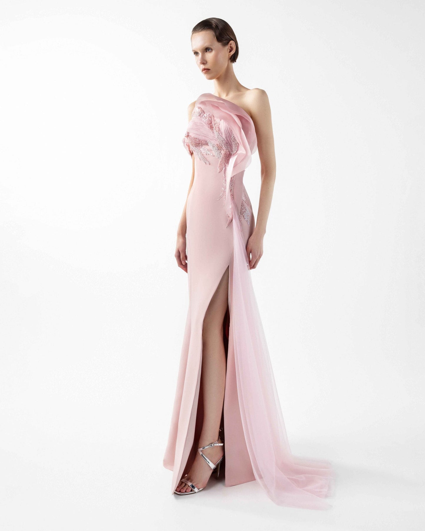 Rosé Sculpted Gown with Cascading Organza and Beaded Bloom