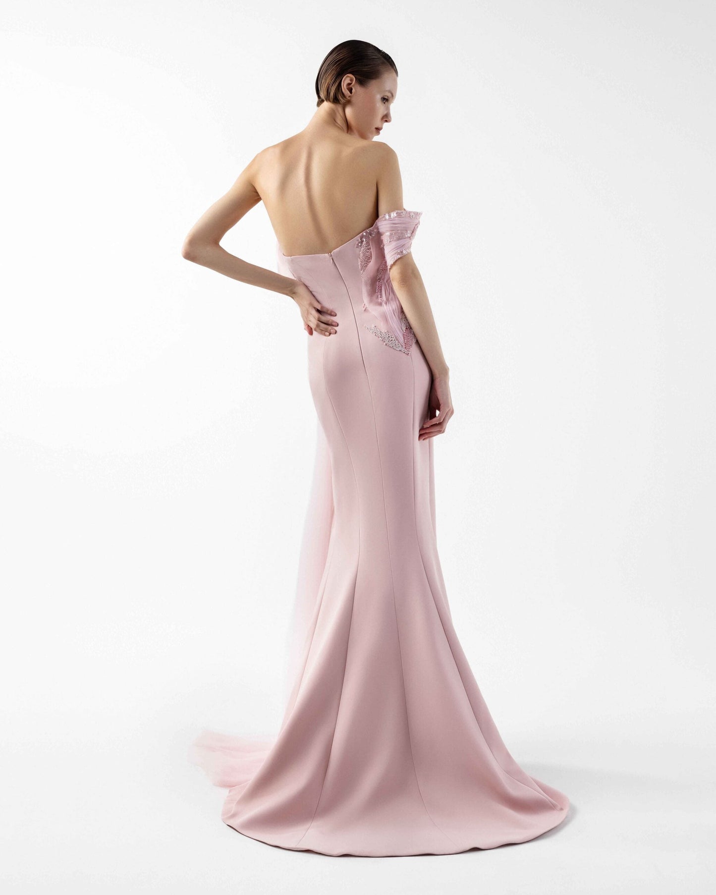 Rosé Sculpted Gown with Cascading Organza and Beaded Bloom