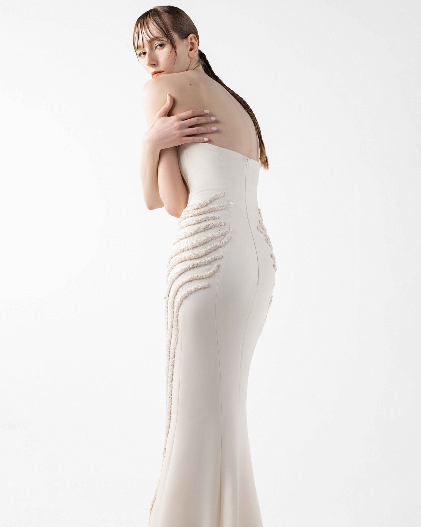 Cream Corset Crepe Gown With Ribbed Vein Beading