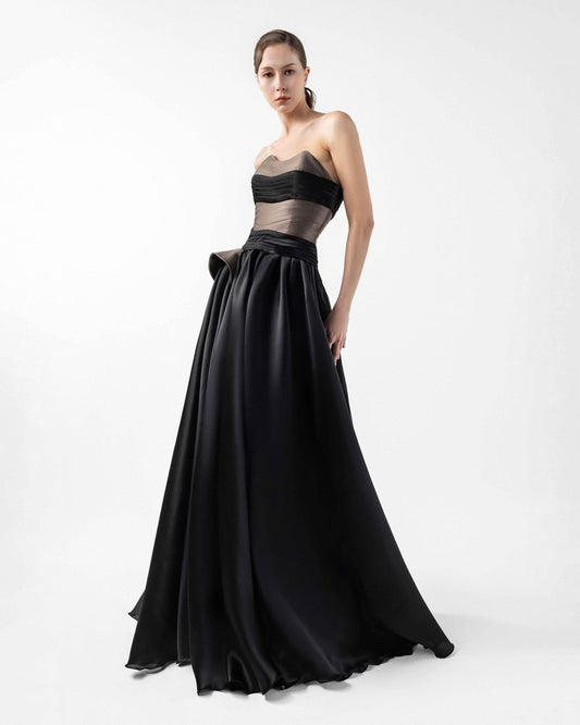 Striking Black Organza Gown with Chocolate Mikado Taffeta Bodice